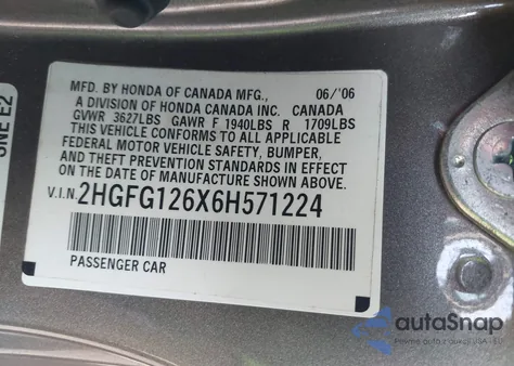 2006 Honda Civic Lx z USA, uszkodzony, nr VIN 2HGFG126X6H571224